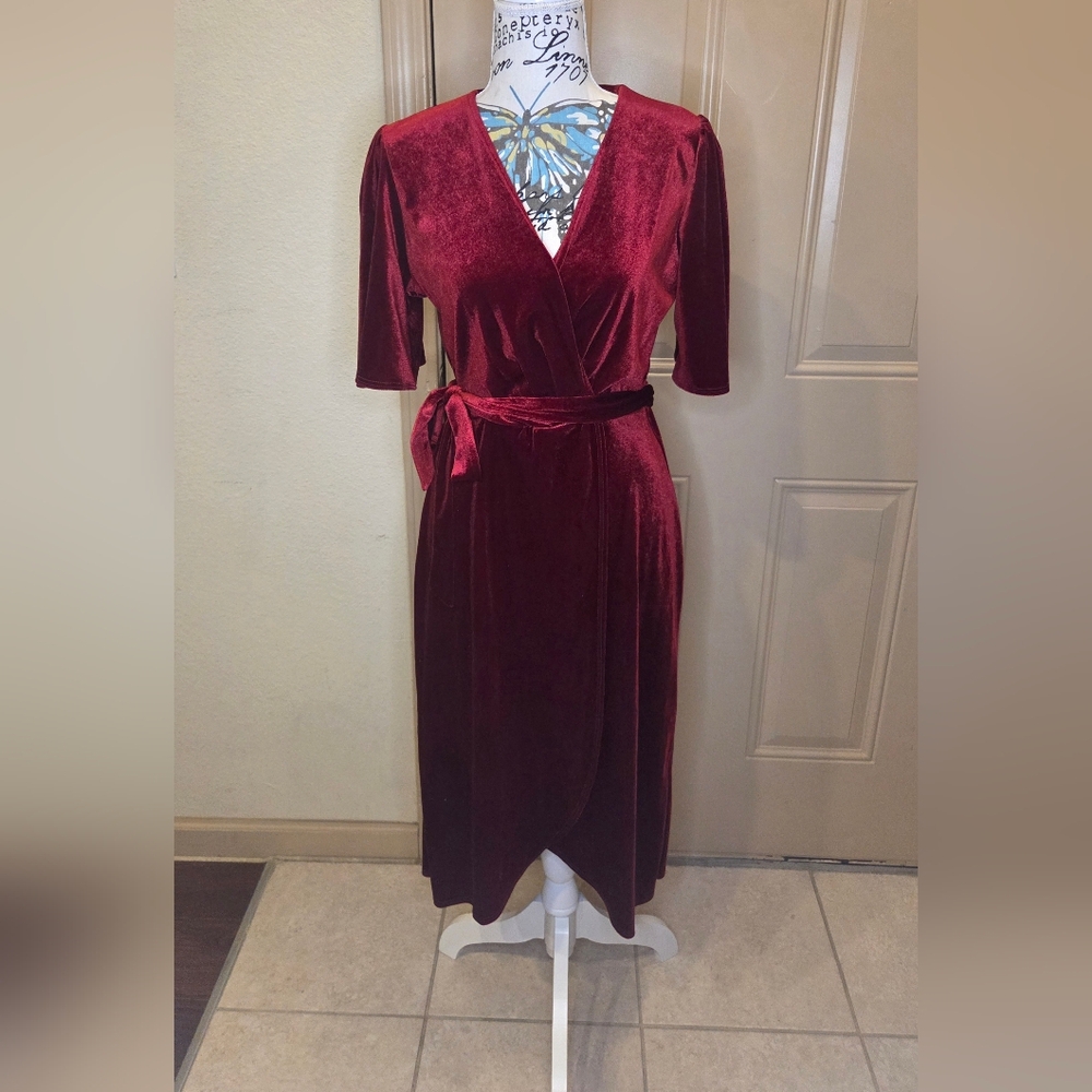 Fraiche by J Velvet Faux Wrap Dress - Burgundy - Size S - Picture 2 of 3